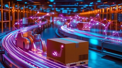 Fototapete - Futuristic cybernetic logistics and distribution hub featuring autonomous delivery robots intelligent sorting systems
