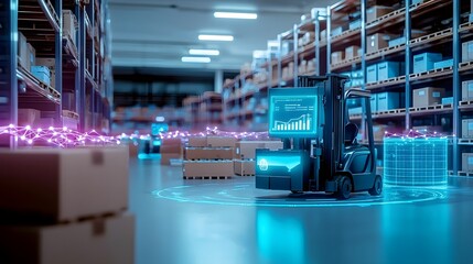 Poster - Futuristic automated warehouse facility with robotic forklifts transporting products real time inventory tracking and holographic logistics dashboards  Glowing neon pathways and a solid