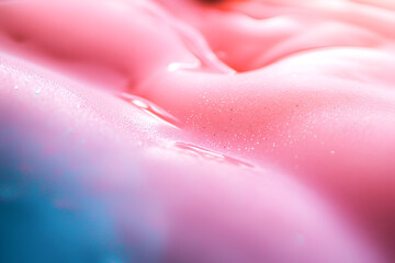 Poster - Liquid Dreamscape: An abstract closeup of a flowing pink liquid with a hint of turquoise in the background, creating an ethereal and dreamlike texture.