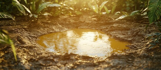 Wall Mural - Sunlit puddle in a muddy ground surrounded by lush green foliage under warm golden light, creating a serene and tranquil nature scene.