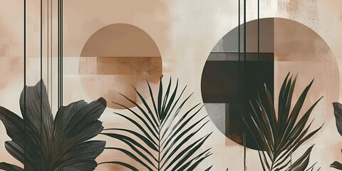 Poster - Abstract Botanical: A harmonious blend of organic shapes and geometric lines. Lush green palm leaves dance against an earthy backdrop, overlaid with delicate, abstract circles.