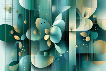 Fototapete - Abstract Emerald Symphony: A vibrant and mesmerizing abstract composition featuring a swirling blend of emerald greens, shimmering golds, and delicate geometric shapes.