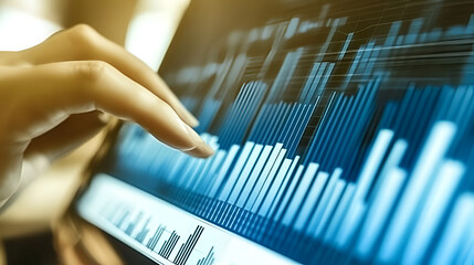 Poster - Data Driven Decisions: A hand gestures towards data visualizations on a tablet, capturing the essence of analysis, insight, and strategic decision-making in the digital age. 