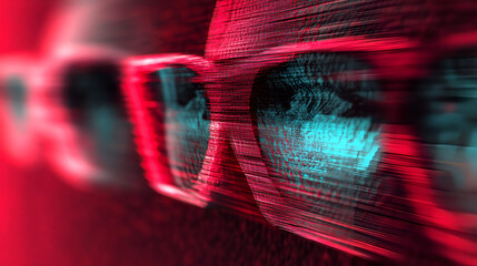 Fototapete - Digital Glitch Glasses: Abstract close-up of stylish sunglasses with a vibrant digital glitch effect, showcasing a blend of red and teal hues, creating a futuristic and dynamic visual. 