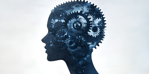 Poster - Mind Gears: A stylized silhouette of a human head is overlaid with intricate gears, symbolizing the intricate workings of the human mind and the power of cognitive processes.