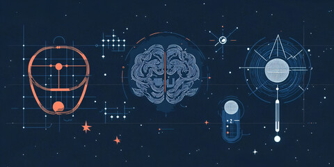Poster - Neural Network Interface: Abstract digital illustration depicting a neural network interface, showcasing brain activity, data processing, and system controls. Futuristic technology concept. 