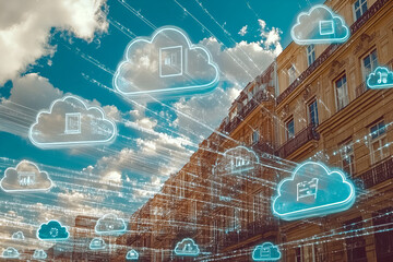 Poster - Cloud Computing Over Cityscape:  A futuristic image depicting a cityscape with numerous cloud icons floating above the buildings.