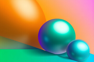 Poster - Abstract Gradient Spheres:  Three glossy spheres, rendered in vibrant, iridescent shades of teal, blue, and purple,  are nestled on a  gradient background of vivid orange and green.