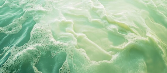 Poster - Serene green iridescent creamy background with gentle liquid waves blending soft turquoise and pale mint hues, ideal for creative project designs.