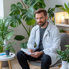 doctor in white coat sits in modern office surrounded by plants, holding clipboard and looking thoughtful. serene environment promotes sense of calm and professionalism