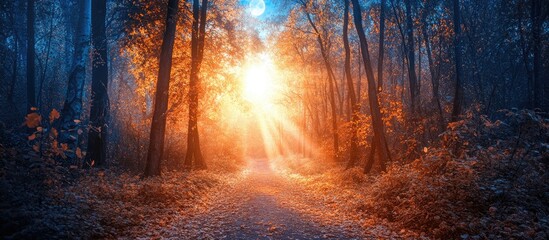 Wall Mural - Pathway through a vibrant forest illuminated by bright sunlight with deep blue sky above and warm orange hues creating a serene natural scene