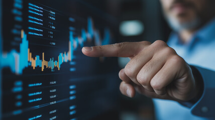 Poster - Market Analysis: A close-up of a businessman's hand pointing at a digital stock chart, illustrating the dynamic nature of the financial markets and the intricate world of investments.