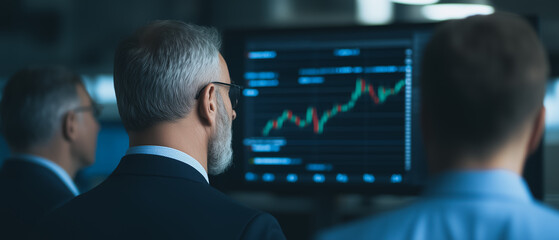 Poster - analyzing the market: three business professionals intently study a large monitor displaying a dynam