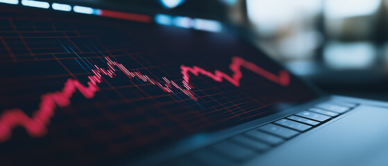 Poster - Market Volatility: A close-up shot of a laptop screen displaying a red, fluctuating line graph, symbolizing the unpredictable nature of the stock market.