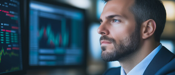 Poster - the analyst's gaze: a focused and determined man, his eyes fixated on financial data displayed on co