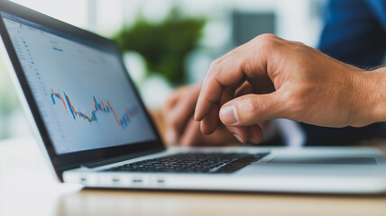 Poster - Analyzing Data on Laptop: Close-up shot of hands interacting with a laptop displaying a financial graph, symbolizing data analysis, market trends, and strategic decision-making. 