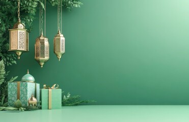 Wall Mural - 3D rendering of a green background with Ramadan elements, including a lantern and a gift box. The color theme is green, with a golden mosque.