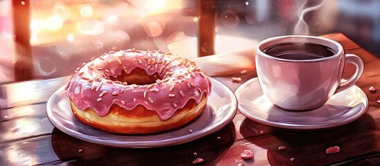 Poster - Glazed pink donut with sprinkles on a white plate beside a steaming cup of black coffee on a wooden table, warm lighting creating a cozy atmosphere.