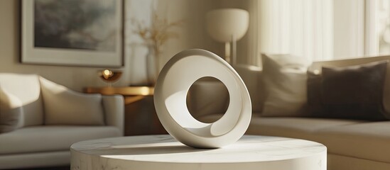 Fototapete - Modern minimalist interior with a white circular sculpture on a light table, soft beige couch in the background, warm sunlight illuminating the scene.