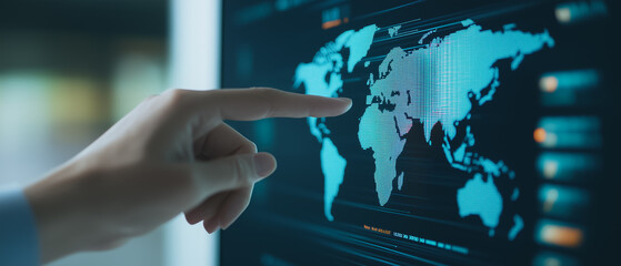 Poster - global reach: a hand points to europe on a digital world map displayed on a large screen, symbolizin
