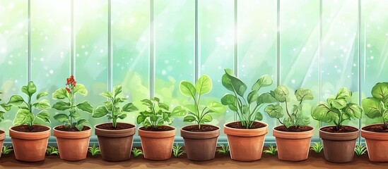 Poster - Lush green plants in brown pots lined on a windowsill with a bright light source creating a serene and vibrant atmosphere in a greenhouse setting