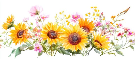 Poster - Vibrant watercolor bouquet with yellow sunflowers and pink flowers on a white background, ideal for summer-themed web design and decorations