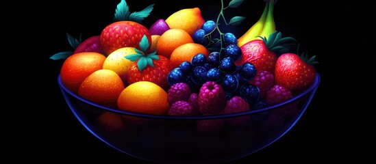 Poster - A vivid bowl of assorted fresh fruits including oranges, strawberries, and blueberries set against a dark background showcasing vibrant colors.