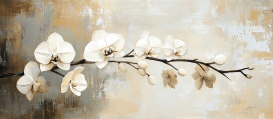 Aufkleber - Elegant white orchid flowers on a subtle beige and grey background with soft lighting, showcasing their delicate beauty and minimalistic aesthetic.