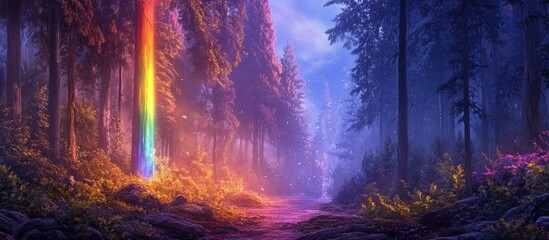 Poster - Enchanted forest scene with vibrant rainbow pole left, serene purple and blue hues surrounding lush trees and glowing plants along the path