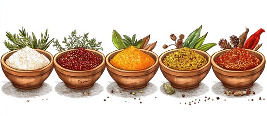 Poster - Bowl of assorted Indian spices including yellow, red, and orange hues arranged in clay pots on a white background showcasing vibrant culinary flavors