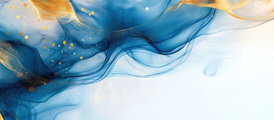 Aufkleber - Elegant blue and gold swirling alcohol ink background with flowing patterns and subtle golden speckles, ideal for sophisticated design projects