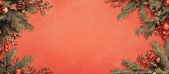 Poster - Festive red background with green pine branches and ornaments framing the edges creating a warm holiday atmosphere ideal for New Year celebrations