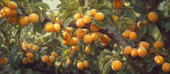 Aufkleber - Vibrant apricot tree with clusters of yellow-orange fruit against lush green foliage highlighting summer's bounty and nature's beauty in sunlight