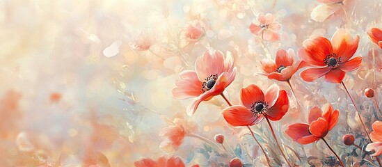 Aufkleber - Vibrant red anemone flowers in soft focus on the right against a warm bokeh background showcasing delicate petals and nature's hues.