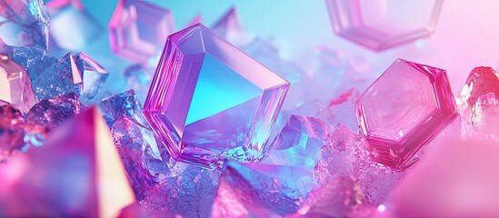 Aufkleber - Vibrant pink and blue hexagonal and triangular crystalline shapes with radiant highlights creating a dynamic and enchanting composition ideal for promotions