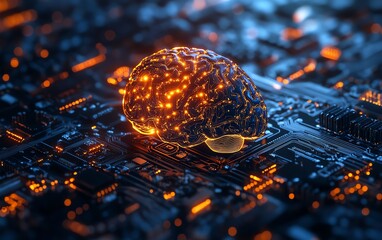 Fototapete - Illustration of a glowing human brain emerging from a digital processor