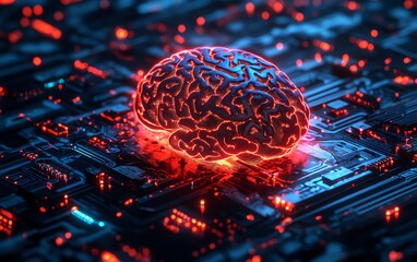 Fototapete - Illustration of a glowing human brain emerging from a digital processor
