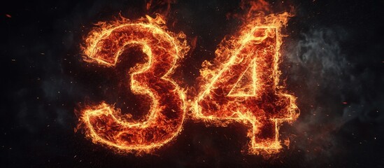 Poster - Bold fiery number thirty four engulfed in vibrant red flames on a dark gradient background depicting intense heat and dynamic energy