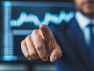 Poster - Strategic Decision: A close-up shot of a businessman's hand pointing at a fluctuating stock market graph displayed on a computer screen, symbolizing decisive action and market analysis. 
