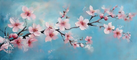 Aufkleber - Delicate pink cherry blossoms branch gracefully across a serene blue background highlighting vibrant floral beauty and artistic elegance.