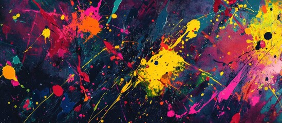 Aufkleber - Dynamic abstract ink splatter showcasing vibrant yellow, pink, orange, and blue colors against a rich black background, perfect for creative designs.