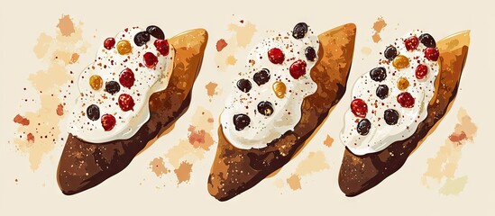 Poster - Delicious Sicilian cannoli dessert on a soft beige background showcasing three pastries topped with colorful fruit and cream, perfect for Carnevale.