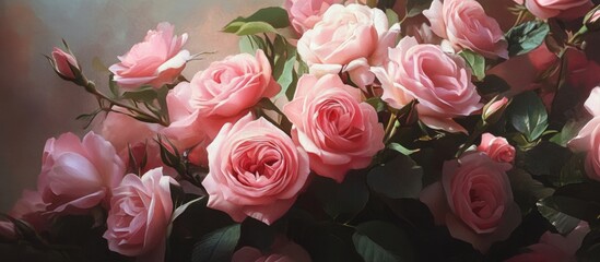 Poster - Delicate pink roses arranged elegantly with lush green leaves in a soft-focus background creating a romantic floral display for special occasions.