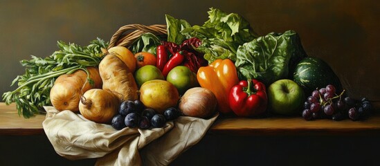 Poster - Vibrant assortment of fresh vegetables and fruits in a rustic bag on a wooden table with greens reds yellows and purples creating a colorful display