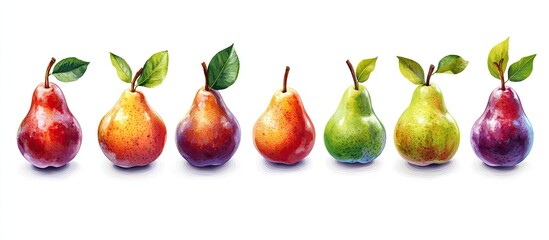 Poster - Colorful array of fresh pears in shades of red, green and purple arranged in a row against a white background highlighting their textures and shapes