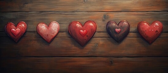 Poster - Decorative red and brown hearts arranged on a rustic wooden background creating a romantic and enchanting atmosphere for Valentine's Day celebration