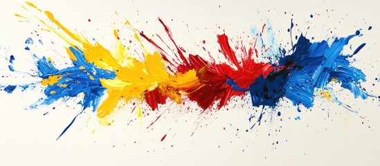 Aufkleber - Vibrant abstract artwork featuring dynamic splashes of yellow, red, and blue against a white background, conveying energy and creativity.