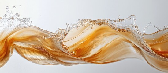 Poster - Fluid golden brown liquid waves with dynamic splashes on a light gray background, capturing movement and texture in a high-resolution image.