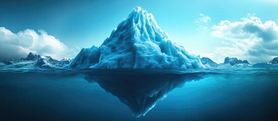 Poster - Majestic iceberg reflecting in calm turquoise waters under a clear blue sky with soft white clouds showcasing serene natural beauty.