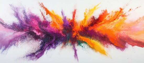 Aufkleber - Vibrant powder explosion in purples, oranges, and pinks against a white background, creating an abstract dynamic display of color and energy.